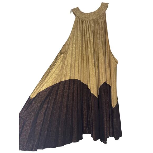 Free People Gold Brown Glitter Pleated Mini Trapeze Dress Women's Size Small - Picture 2 of 5